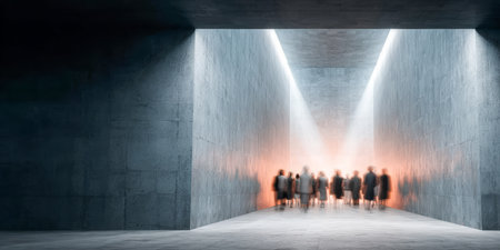 People are gathered in a large, minimalist space with tall gray walls. Soft light streams through the structure, creating an ethereal atmosphere. Shadows add depth to the scene.の素材