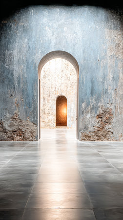 Sunlight spills into an old structure through two distinct arched doorways, highlighting the worn stone walls and smooth floor. The play of light and shadow adds depth to the scene.の素材
