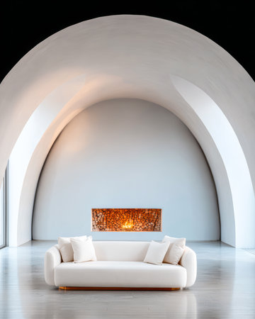 A bright, airy living room features a clean white sofa with plush pillows facing a unique fireplace. The design showcases elegant arches and a smooth, light backdrop, creating a cozy atmosphere.の素材