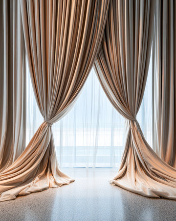 Soft, flowing drapes of light fabric cover a bright window, creating a peaceful ambiance in a modern room with polished flooring and subtle natural light.の素材