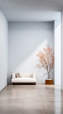 In a spacious, minimalist room, a sleek white sofa sits beside a decorative tree in a wooden pot. Natural light streams in, highlighting the earthy tones and clean lines of the design.の素材