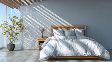 Spacious bedroom with natural light streaming through large windows creates a calming atmosphere. The wooden furniture and potted plants enhance the modern minimalist style.の素材