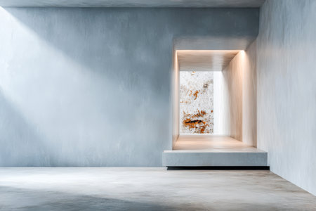 A spacious room with gray walls and a distinct window that invites natural light. The weathered surface of the wall adds character to the modern aesthetic.の素材