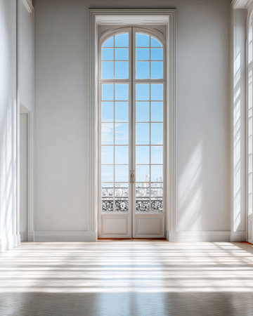 Sunlight streams through tall windows into a bright, open room. The elegant design features light walls and a wooden floor, creating a peaceful atmosphere with city views.の素材