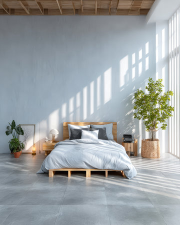A spacious bedroom features a wooden bed with gray bedding and pillows. Sunlight streams through large windows, illuminating indoor plants and wooden furniture.の素材