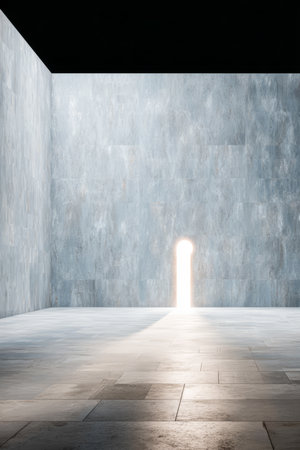 A bright light shines through an open door in a spacious, minimalist gray room with smooth walls and a polished floor. The atmosphere feels calm and inviting.の素材