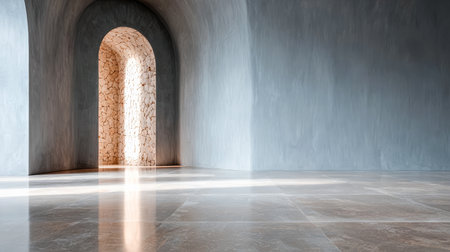 A serene corridor features a smooth, bright floor and an inviting arched entrance. Natural light streams through, illuminating the stone wall, creating a peaceful atmosphere.の素材