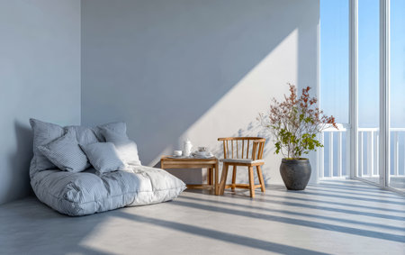 A serene living space features a striped bean bag, a wooden chair, and a small table. Sunlight floods in, casting soft shadows, while a vase of flowers adds a touch of warmth.の素材