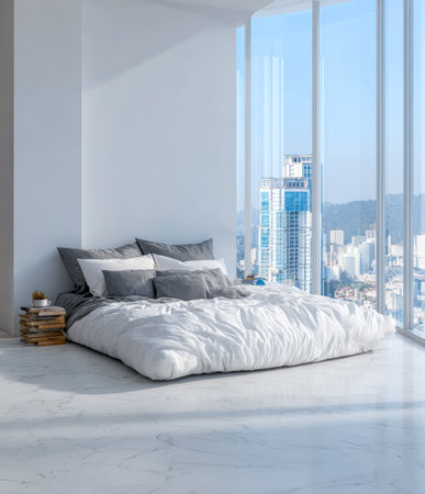 A bedroom features a soft oversized bed with gray and white bedding. Large windows provide a stunning view of the bustling city below in bright daylight.の素材