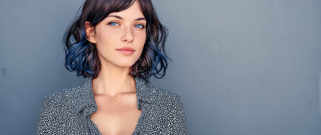 A young woman stands confidently, showcasing her fashionable hairstyle with blue highlights. Her casual outfit and soft expression complement the neutral gray backdrop, creating a modern look.の素材