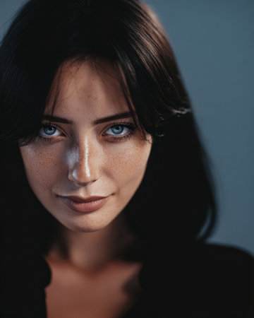 A young woman with deep blue eyes and long dark hair gazes directly at the viewer, her expression confident and intriguing. The lighting highlights her features beautifully.の素材