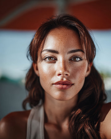 A young woman sits under a bright sun, her hair gently cascading over one shoulder. Her confident gaze and radiant skin highlight her natural beauty, creating a serene atmosphere.の素材
