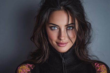A woman showcases her distinctive blue eyes and stylish hair in a striking close-up. The background enhances her features while she conveys confidence and grace.の素材