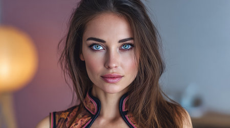 A young woman with long hair showcases her captivating blue eyes and confident expression. She poses in an elegant setting filled with natural light, highlighting her features.の素材