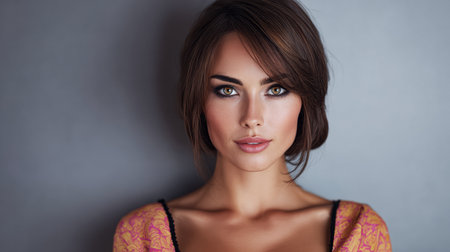 A woman with captivating eyes and perfectly styled hair stands confidently in front of a grey background. She looks directly at the camera with a calm expression.の素材