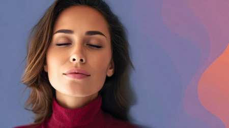 A young woman with closed eyes experiences tranquility in a softly lit space. Her relaxed expression suggests peace and mindfulness. The colorful background adds warmth to the scene.の素材