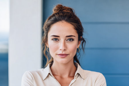 A woman with long brown hair stands confidently outdoors. She wears a light-colored shirt and looks directly at the camera with a calm expression against a blue background.の素材