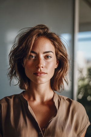 A woman stands confidently with tousled hair and a neutral expression. She is indoors in a well-lit space, showcasing her natural beauty and relaxed style.の素材