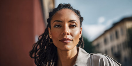 A woman with dreadlocks confidently gazes into the distance in an urban location. Bright sunlight highlights her features, enhancing the lively city atmosphere.の素材