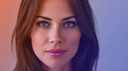 A young woman with long brown hair and captivating blue eyes looks directly at the viewer. The background features a blend of soft colors, enhancing her features in this close-up shot.の素材