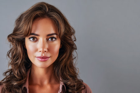 A confident woman stands facing the camera with wavy, flowing hair and a radiant smile. Her natural beauty is highlighted by soft lighting against a grey backdrop.の素材