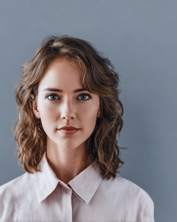 A young woman with curly hair looks directly at the camera, showcasing her natural beauty. She wears a light-colored shirt and has a calm expression, set against a simple gray wall.の素材