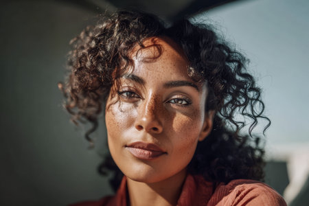 A woman with curly hair and freckles sits by a window, basking in the warm sunlight. The clear blue sky enhances her serene expression as she embraces the moment.の素材