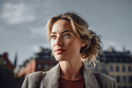 A confident young woman stands outdoors on a sunny urban day, looking upward with a serene expression. Her stylish outfit complements the vibrant city background filled with buildings.の素材