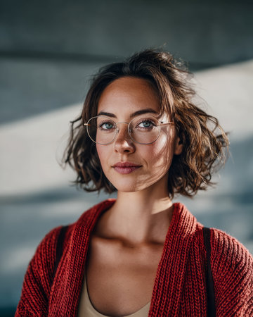 A young woman with curly hair and glasses poses in a modern environment. The soft light creates an inviting atmosphere as she looks directly at the viewer, expressing confidence and calmness.の素材
