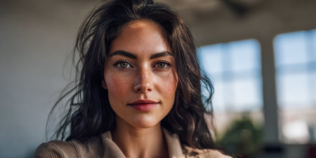 A young woman with wavy hair and freckles poses confidently in a stylish indoor space filled with natural light. Her expression is serene and poised, reflecting comfort.の素材