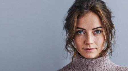 A woman gazes directly at the viewer with blue eyes and a calm expression. She is wearing a light sweater and has tousled hair. The background is a soft gray, creating a gentle atmosphere.の素材