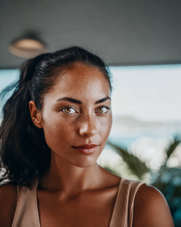 A woman with beautiful freckles showcases her striking green eyes while standing indoors. The soft light illuminates her features against a backdrop of greenery and water.の素材