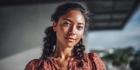 A young woman with braided hair stands outside, beaming with a bright smile. She enjoys the warm sunlight, radiating confidence in her stylish outfit against a modern background.の素材