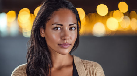 A woman stands confidently in front of softly glowing city lights during an evening event. Her expression is calm and focused, capturing the moment beautifully.の素材