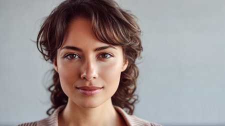 A woman with curly hair stands in a well-lit room with a soft expression. She looks directly at the viewer, conveying warmth and approachability in her demeanor.の素材