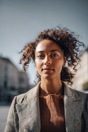 A young woman with curly hair is standing confidently in a city street. She wears a stylish blazer and looks directly at the camera with a calm expression. The scene is bright and sunny.の素材