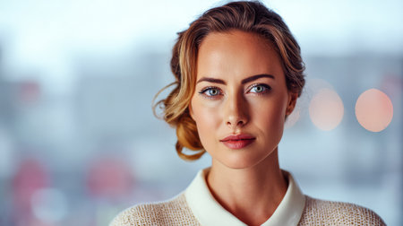 A woman is looking directly at the camera with a serious expression. She has long, wavy hair and bright blue eyes, dressed in a light sweater, standing in a well-lit space.の素材