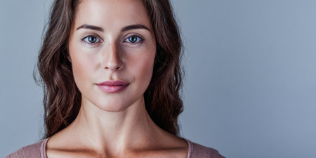 A young woman stands in front of a plain light background, looking directly at the camera with a serene expression. Her long, wavy hair frames her face softly.の素材