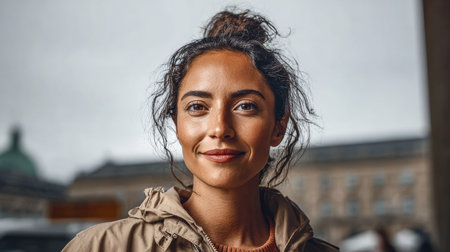 A young woman with curly hair stands in an urban area, smiling brightly. The sky is overcast, hinting at potential rain while she enjoys the moment outside.の素材