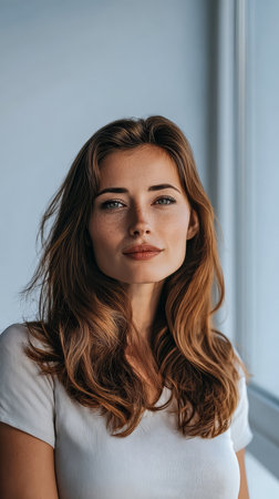 A young woman stands confidently in a bright room filled with natural light. She has long, flowing hair and a calm expression while looking directly at the camera.の素材