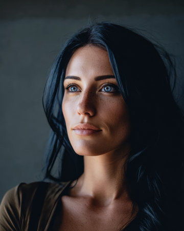 A woman with long black hair and bright blue eyes stands in front of a textured wall, capturing a moment of deep reflection in soft, natural light. Her expression conveys serenity.の素材