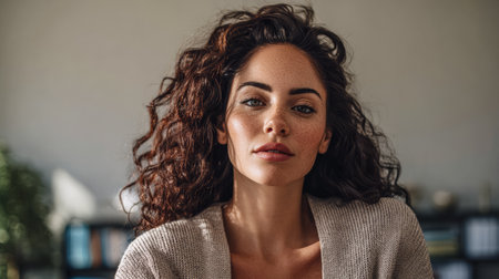 A woman with curly hair sits in a softly lit room, exuding confidence and calm. She has a serene expression, wearing a cozy sweater that complements the tranquil atmosphere around her.の素材