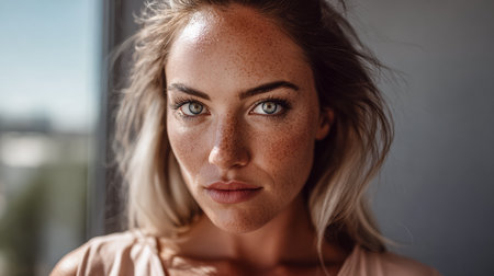 A close-up of a woman with freckled skin and long hair, gazing directly at the camera. Natural light enhances her features, creating a soft atmosphere.の素材