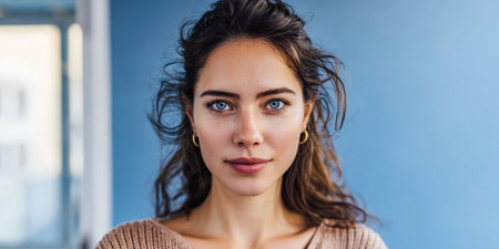 A woman with striking blue eyes and long, wavy hair poses confidently against a blue wall. She wears a cozy sweater and smiles gently, creating a warm atmosphere in the room.の素材