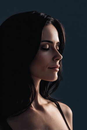 A woman stands against a dark backdrop with her eyes closed, exuding serenity and grace. Her long hair frames her face beautifully in gentle lighting, enhancing her features.の素材