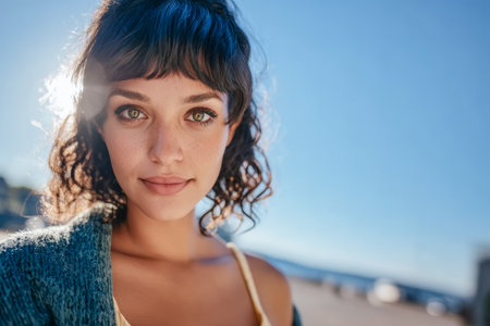 A young woman with curly brown hair and bright eyes smiles warmly while standing outdoors. The sun shines behind her, creating a radiant glow in a coastal setting.の素材