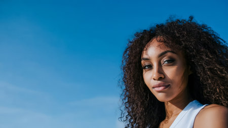 A woman stands outdoors with curly hair, gazing into the distance. Bright sunlight highlights her features against a clear blue sky, creating a serene atmosphere.の素材