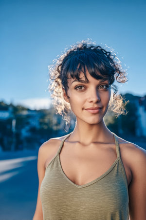 A young woman stands outdoors, smiling gently against a clear blue sky. The warm sunlight highlights her features and curly hair, creating a serene and inviting atmosphere.の素材