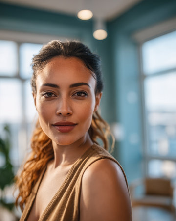 A woman with long, wavy hair is smiling and looking directly at the camera in a sunlit room. The bright blue walls and large windows create a cheerful atmosphere.の素材