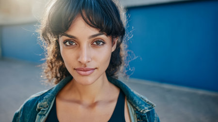 A young woman with curly hair stands outdoors, showing a friendly smile. She wears a casual outfit and the sun illuminates her features, creating a warm atmosphere in an urban environment.の素材